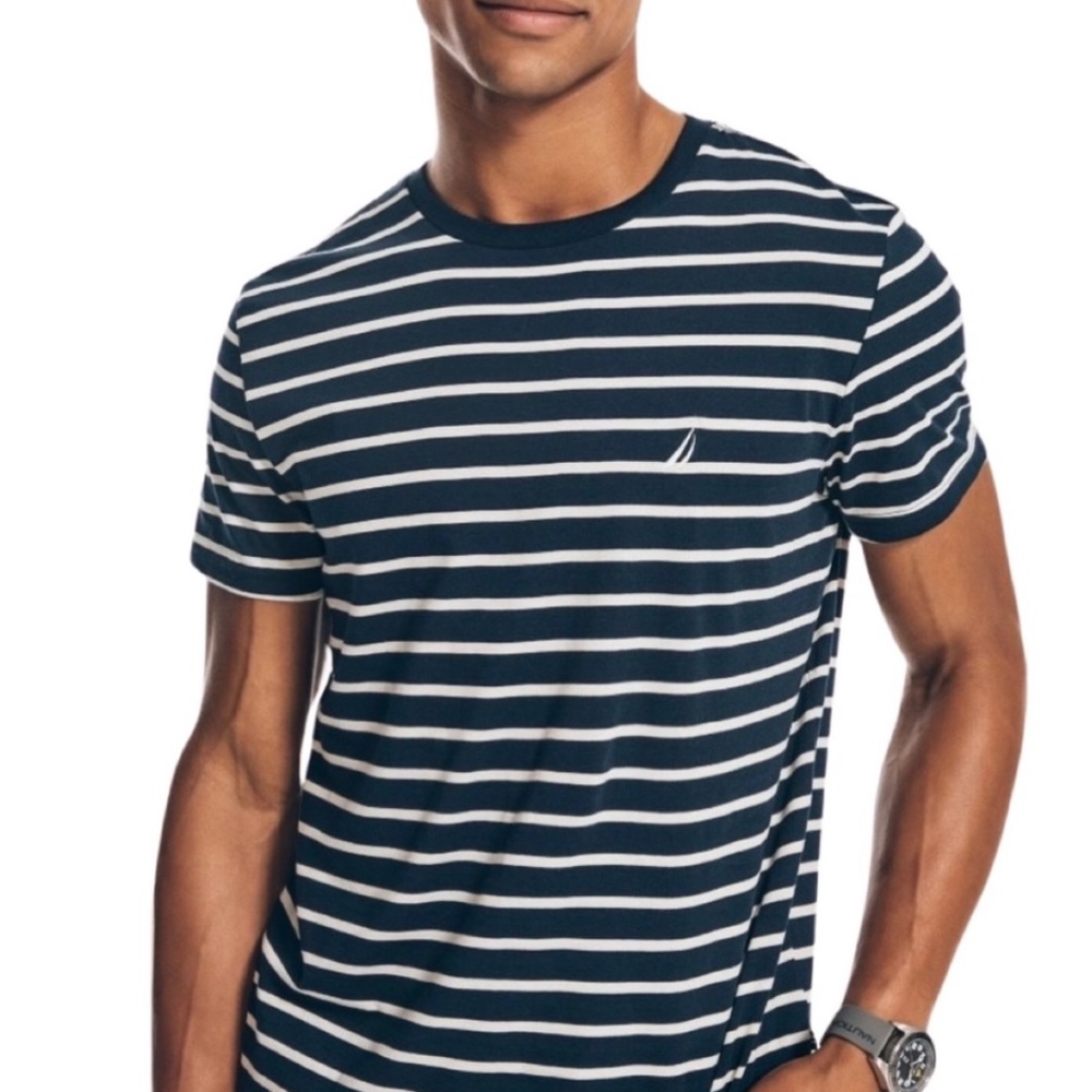 Nautica Navy Blue & White Stripe Short Sleeve Tee Shirt Size XL
